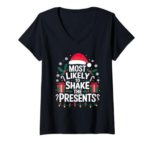 Damen Moelly-to Shake The Presents Passende Weihnachtshemden T-Shirt mit V-Ausschnitt Damen Moelly-to Shake The Presents Passende Weihnachtshemden T-Shirt mit V-Ausschnitt von Most Likely-To Shake Fun Christmas Matching Shirts