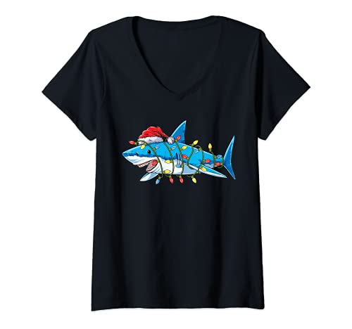 Damen Santa Shark Christmas Lights Funny Boys Sharkmas Xmas Gifts T-Shirt mit V-Ausschnitt von Most Wonderful Christmas Co