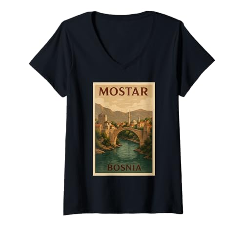 Damen Mostar Bosnia Skyline T-Shirt mit V-Ausschnitt Damen Mostar Bosnia Skyline T-Shirt mit V-Ausschnitt von Mostar Souvenirs & Co.