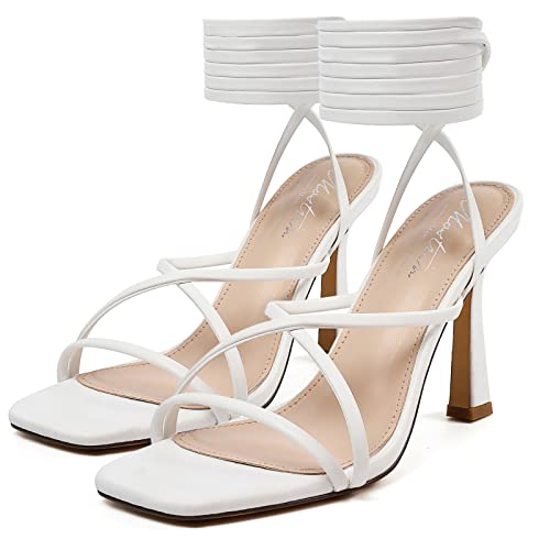 Mostrin Riemchen-Absätze für Damen, Schnürabsätze, sexy, Stiletto-Sandalen, quadratisch, offener Zehenbereich, High Heels für Abschlussball, Party, Weiss/opulenter Garten, 39 EU von Mostrin