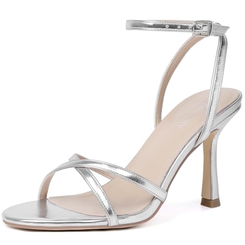 Mostrin Riemchen-Absätze für Damen, Schnürung, Knöchelriemen, rund, offener Zehenbereich, Stiletto-High Heels, Damen-Sandalen mit Absatz für Abschlussball, Party, Alltag, silber, 39.5 EU Mostrin Riemchen-Absätze für Damen, Schnürung, Knöchelriemen, rund, offener Zehenbereich, Stiletto-High Heels, Damen-Sandalen mit Absatz für Abschlussball, Party, Alltag, silber, 39.5 EU von Mostrin