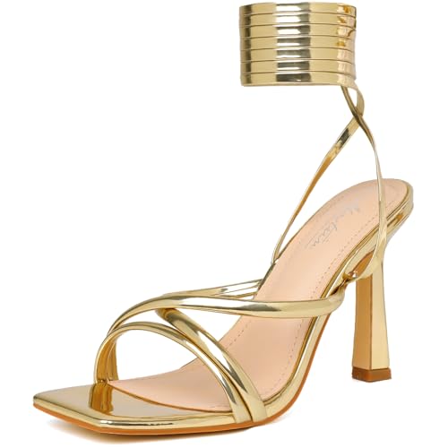 Mostrin Weiße Riemchen-Absätze für Frauen Schnürschuhe Tie Up Stiletto High Heeled Sandalen Square Open Toe Heels für Abschlussball, Party, Gold, 39 EU von Mostrin