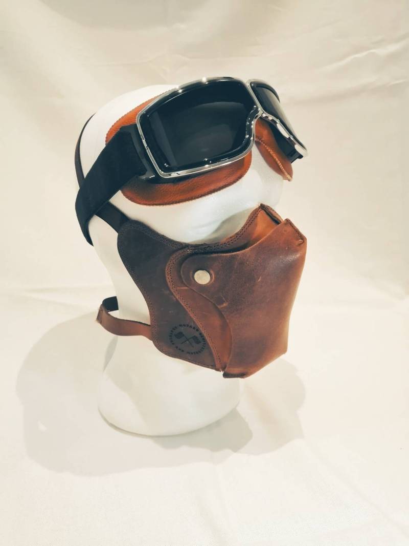 Set Máscara Estilo Vintage "Marrón" Cuero Genuino Vacuno + Gafas Lente "Semi Dark" Para Cascos Abiertos Cafe Racer & Custom von MotardGermany