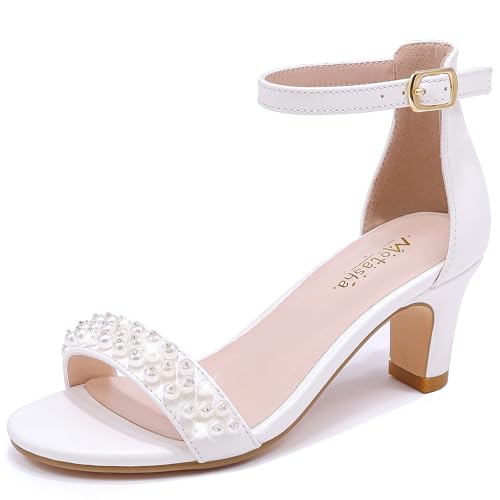 Motasha Sandalen mit Absatz für Mädchen, offener Zehenbereich, Knöchelriemen, High Heels, Pump-Sandalen, Hochzeit, Party für kleine und große Kinder, Perlweiß (Pearl White), 4 Big Kid von Motasha