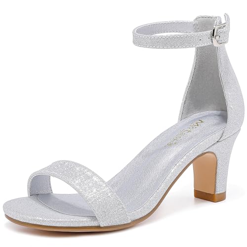 Motasha Sandalen mit Absatz für Mädchen, offener Zehenbereich, Knöchelriemen, High Heels, Pump-Sandalen, Hochzeit, Party für kleine und große Kinder, R Silver, 5 Big Kid von Motasha
