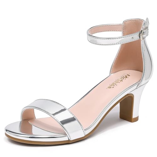 Motasha Sandalen mit Absatz für Mädchen, offener Zehenbereich, Knöchelriemen, High Heels, Pump-Sandalen, Hochzeit, Party für kleine und große Kinder, Silberfarben metallisch, 2 Big Kid von Motasha