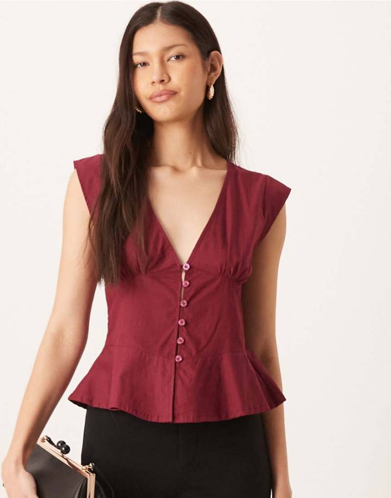 Motel - Devlin - Bluse aus Popeline in Burgunderrot mit V-Ausschnitt von Motel