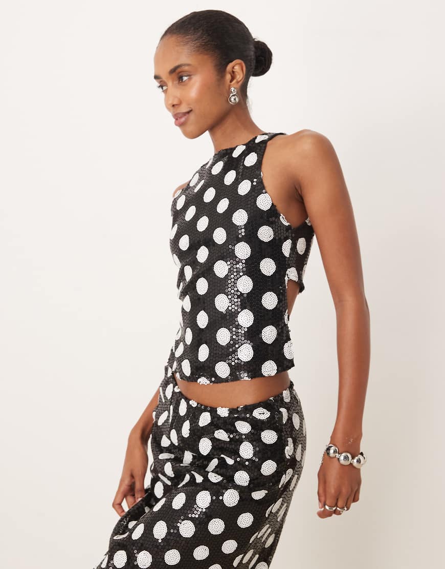 Motel - Felicitia - Oberteil mit hohem Ausschnitt, Pailletten und Polka Dots in Schwarz-Weiß, Kombiteil-Bunt von Motel