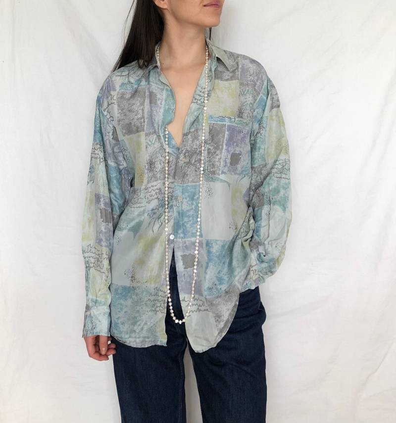 Vintage Rein Seide Hemd, Oversized Crazy Muster, Größe M von MothLabVintage