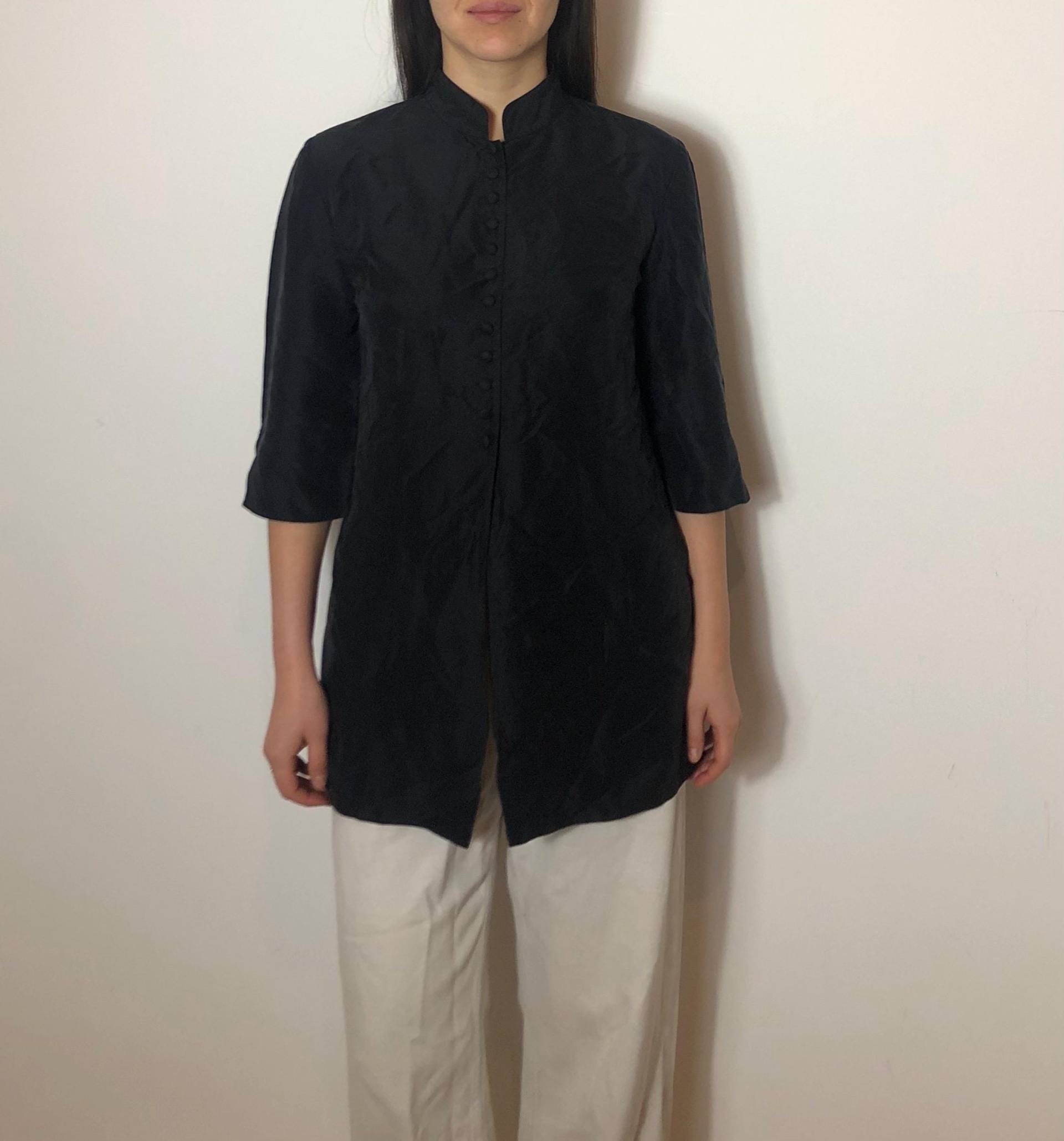 Vintage Schwarze Seidenbluse, Qipao Style, Grösse M von MothLabVintage