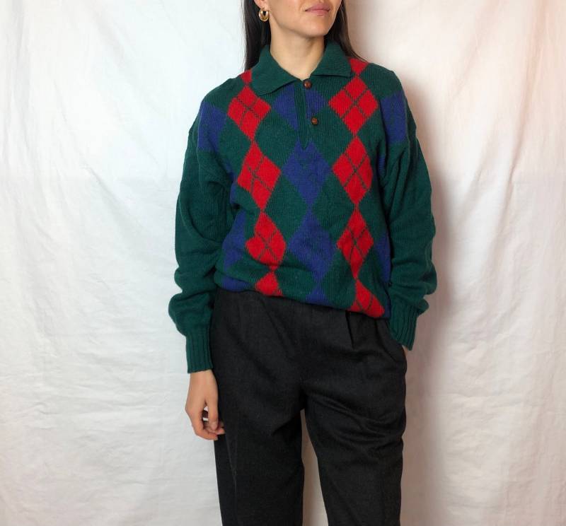 Vintage Sergio Tacchini Pullover Mit Rautenmuster, Lederknöpfe, Grösse L von MothLabVintage