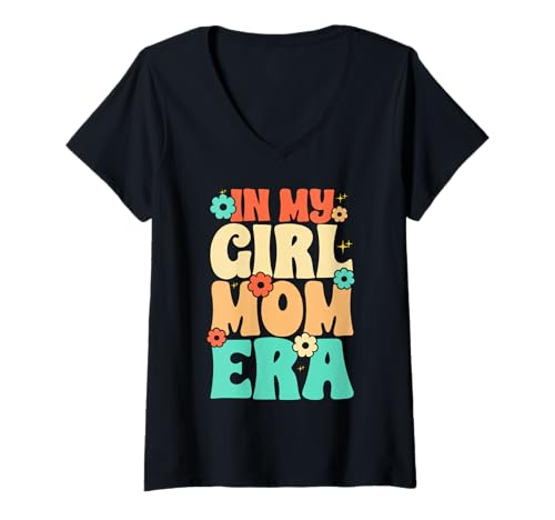 Damen In der Ära meiner Mädchenmutter Liebevolle Mutter von Mädchen Stolze Mutter Groovy T-Shirt mit V-Ausschnitt von Mother Of Girls Loving Mama Proud Mom Gifts Mommy