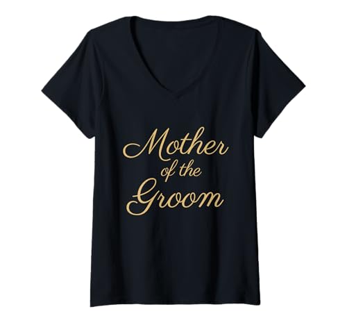 Damen Mutter des Bräutigams, Hochzeit und Braut, hellbraune Schrift T-Shirt mit V-Ausschnitt von Mother of the Groom Wedding Shirts