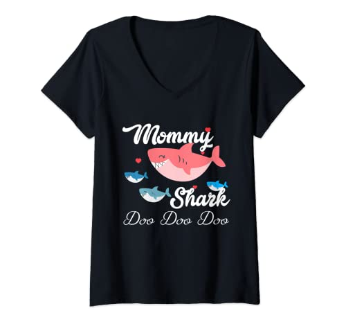 Damen Süßes Geschenk Mommy Shark For Mom Wife Muttertag T-Shirt T-Shirt mit V-Ausschnitt von Mother's Day Cute Gift T-Shirt
