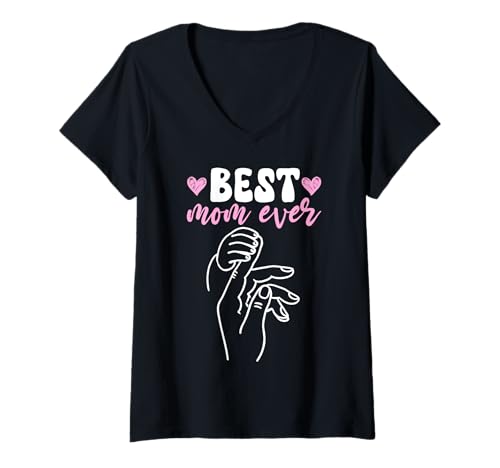 Damen Beste Mama Aller Zeiten Baby Hand Herz Mutterschaft Familie Mama Elternteil T-Shirt mit V-Ausschnitt von Mother's Day Gifts For Women With Mom Graphic