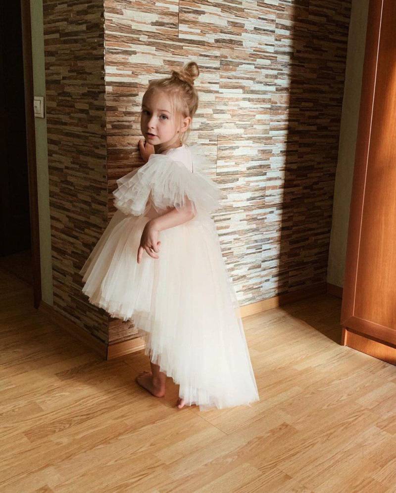 Blush Flauschige Tüll Kleid Für Prinzessin Hi Lo Länge Outfit Mit Schleppe Blumenmädchen Ballkleid Mädchen Geburtstagsparty Baby von MotherDaughterUA