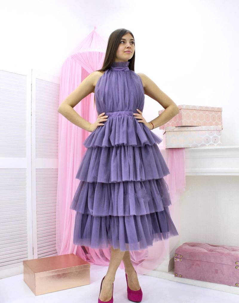 Hochzeitsgast Kleid Mauve Tüllkleid Frauen Teelänge Ärmelloses Für Kragenansatz Brautjungfer Kleider von MotherDaughterUA