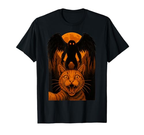 Selfie mit verängstigter Katze mit Mothman Cryptid Halloween Moth Man T-Shirt Selfie mit verängstigter Katze mit Mothman Cryptid Halloween Moth Man T-Shirt von Mothman Vintage Cryptid Halloween Spooky Folklore