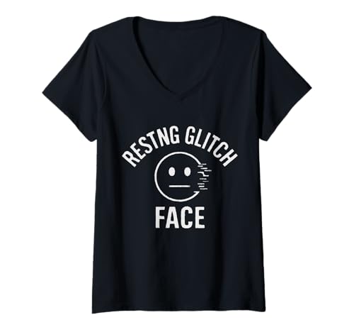 Damen Resting Glitch Face Pixel Gesicht Motiv T-Shirt mit V-Ausschnitt Damen Resting Glitch Face Pixel Gesicht Motiv T-Shirt mit V-Ausschnitt von MotivManufaktur