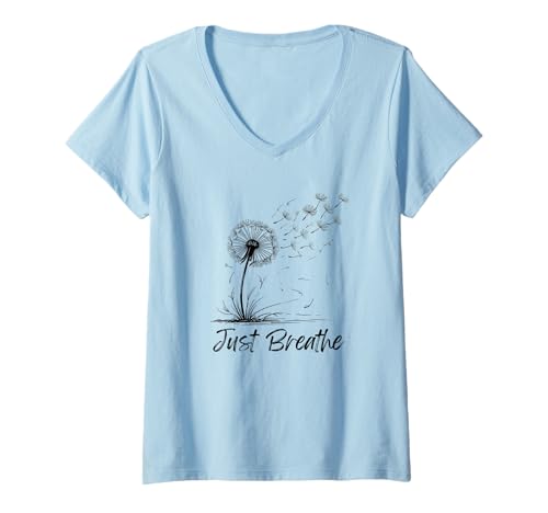 Damen Just Breathe Löwenzahn Wildblume Troubles Float Away Peace T-Shirt mit V-Ausschnitt Damen Just Breathe Löwenzahn Wildblume Troubles Float Away Peace T-Shirt mit V-Ausschnitt von Motivate Relax Calm Down and Take a Breath CLR