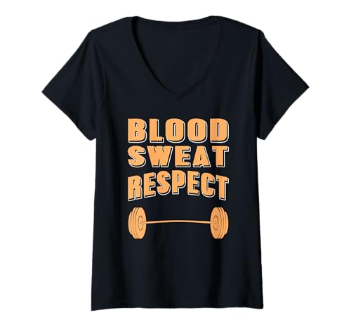Damen Blut Schweiß Einsatz Powerlifting Fitness Lustig T-Shirt mit V-Ausschnitt von Motivation Für Hardcore Fitnessfreunde