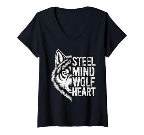 Damen Bold Steel Mind Wolf Motivierend T-Shirt mit V-Ausschnitt Damen Bold Steel Mind Wolf Motivierend T-Shirt mit V-Ausschnitt von Motivational And Inspirational Apparel Co.
