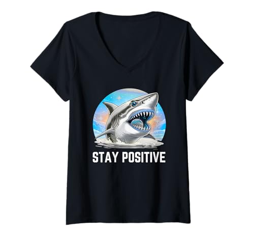 Damen Lustiges Haifisch-Design, Geschenk für Männer, Frauen, Kinder T-Shirt mit V-Ausschnitt von Motivational Good Vibes Ocean Shark Lover Graphic