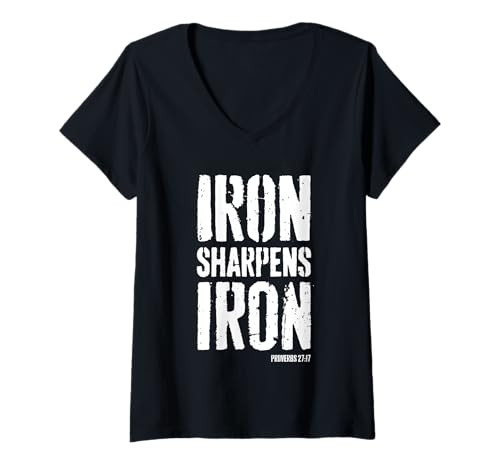 Damen Iron Sharpens Iron Proverbs 27:17 Christliches Training T-Shirt mit V-Ausschnitt von Motivational Gym Workout and Weight Lifting Wear