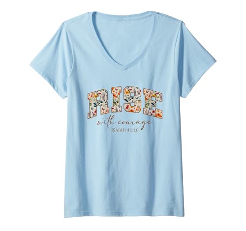 Damen Rise with Courage Christian Religion Bible Scripture Message T-Shirt mit V-Ausschnitt von Motivational Inspirational Bible Verse Quote Gifts
