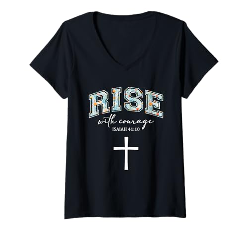 Damen Rise with Courage Cross Christian Religion Bible Scripture T-Shirt mit V-Ausschnitt Damen Rise with Courage Cross Christian Religion Bible Scripture T-Shirt mit V-Ausschnitt von Motivational Inspirational Bible Verse Quote Gifts