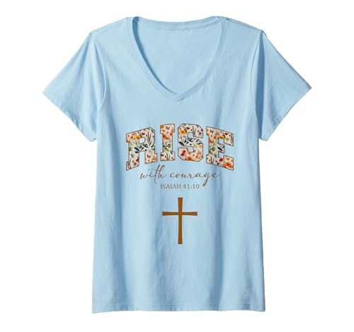 Damen Rise with Courage Cross Christian Religion Bible Scripture T-Shirt mit V-Ausschnitt Damen Rise with Courage Cross Christian Religion Bible Scripture T-Shirt mit V-Ausschnitt von Motivational Inspirational Bible Verse Quote Gifts
