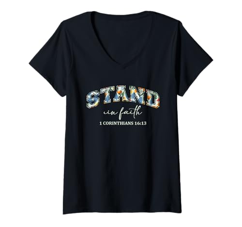 Damen Stand In Faith Christians Religion Bible Scripture Message T-Shirt mit V-Ausschnitt von Motivational Inspirational Bible Verse Quote Gifts