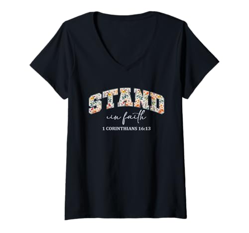 Damen Stand In Faith Christians Religion Bible Scripture Message T-Shirt mit V-Ausschnitt Damen Stand In Faith Christians Religion Bible Scripture Message T-Shirt mit V-Ausschnitt von Motivational Inspirational Bible Verse Quote Gifts