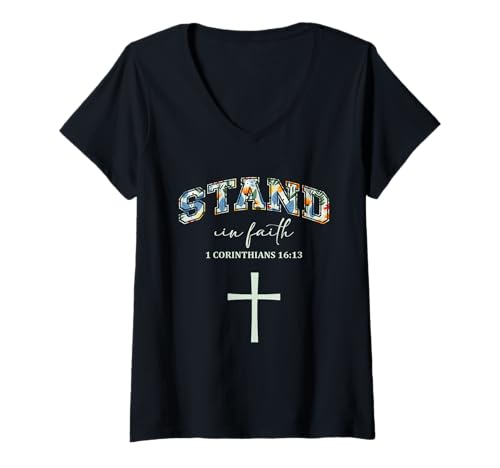 Damen Stand In Faith Cross Christians Religion Bible Scripture T-Shirt mit V-Ausschnitt Damen Stand In Faith Cross Christians Religion Bible Scripture T-Shirt mit V-Ausschnitt von Motivational Inspirational Bible Verse Quote Gifts
