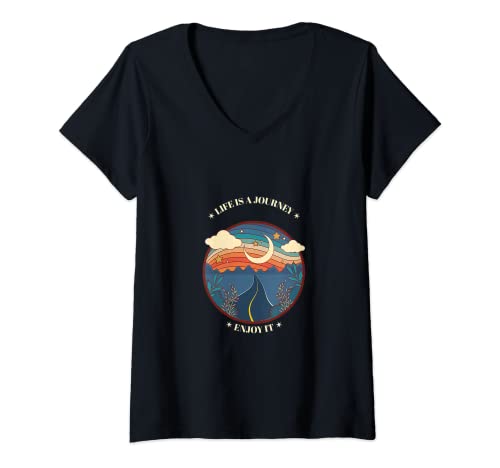 Damen Life is a Journey Enjoy It T-Shirt mit V-Ausschnitt von Motivational Tee For Men Women and kids