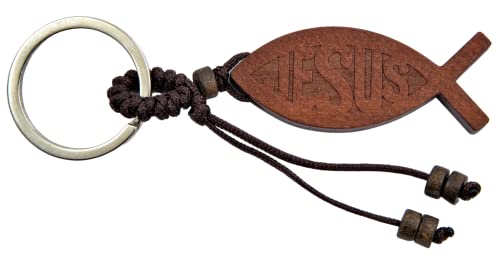 Motivationsgeschenke Ichthys Fisch Schlüsselanhänger aus Holz & geflochtener Baumwollkordel | Ichthys Symbol mit Aufschrift Jesus & Schlüsselring Metall 10cm | Anhänger mit Motiv Jesus Christus von Motivationsgeschenke