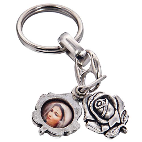 Motivationsgeschenke Schlüsselanhänger Rose - Maria Mutter Gottes & Herz Jesu Medaillon, Metall Ø 2,7cm | klappbares Metallmedaillon | Glücksbringer, Schutz Anhänger, Schlüsselkette & Schlüsselring von Motivationsgeschenke