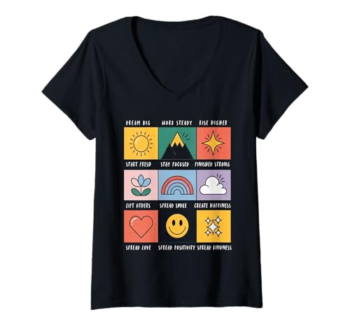 Damen Träume groß, arbeite stetig, verbreite Teamgeist und Wohlbef T-Shirt mit V-Ausschnitt Damen Träume groß, arbeite stetig, verbreite Teamgeist und Wohlbef T-Shirt mit V-Ausschnitt von Motivierende Grafik zu Glück, Positivität und Freu