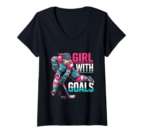Damen Mädchen Mit Toren Hockey Frau T-Shirt mit V-Ausschnitt Damen Mädchen Mit Toren Hockey Frau T-Shirt mit V-Ausschnitt von Motivierende Hockey Mädchen