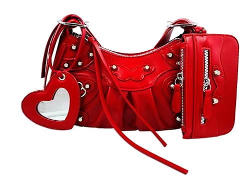 Motleader Umhängetasche für Damen, Leder, Hobo-Tasche, Punk-Stil, Y2k, Crossbody-Geldbörse mit Nieten, Rot-1, Small Motleader Umhängetasche für Damen, Leder, Hobo-Tasche, Punk-Stil, Y2k, Crossbody-Geldbörse mit Nieten, Rot-1, Small von Motleader
