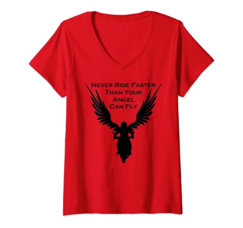 Damen Never Ride Faster Than Your Angel Can Fly Motorrad T-Shirt T-Shirt mit V-Ausschnitt Damen Never Ride Faster Than Your Angel Can Fly Motorrad T-Shirt T-Shirt mit V-Ausschnitt von Moto Wrencher