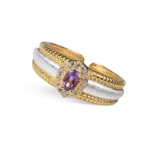 Motörform 925 Sterling Silber Amethyst Ring-Verstellbares offenes Band Gold-plattierter Kronstil-Statement-Ring für Frauen mit lila Edelstein von Motörform