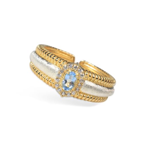 Motörform 925 Sterling Silber Blue Topaz Ring-Verstellbares offenes Band Gold-plattierter Kronstil Statement Ring für Frauen mit Sky Blue Edelstein von Motörform