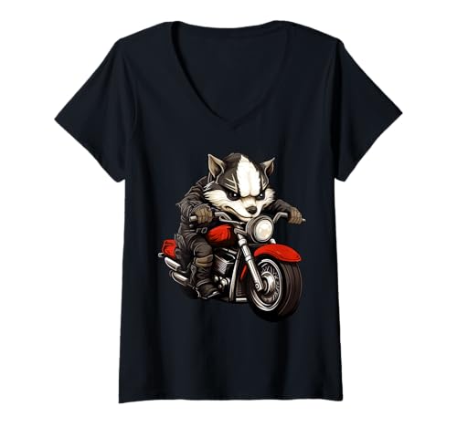Damen Dachs Motorrad T-Shirt mit V-Ausschnitt von Motorbike Animals