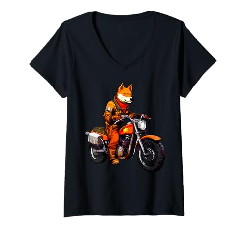 Damen Fuchs Motorradfahrer T-Shirt mit V-Ausschnitt von Motorbike Animals