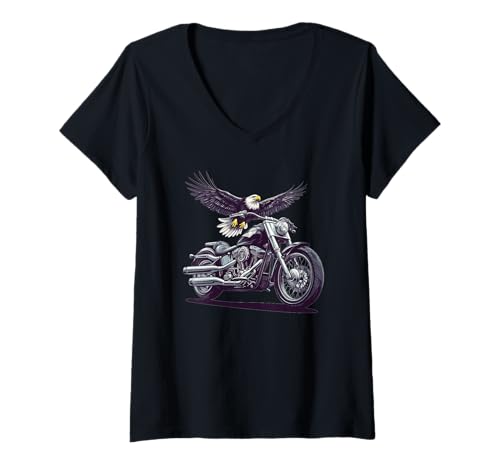 Damen Adler mit coolem Motorrad für patriotische Grafikliebhaber T-Shirt mit V-Ausschnitt von Motorbike Eagle Outfit