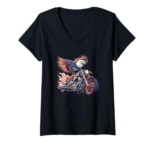 Damen Flames and Eagle-Grafik für Motorradliebhaber aus den USA T-Shirt mit V-Ausschnitt von Motorbike Eagle Outfit
