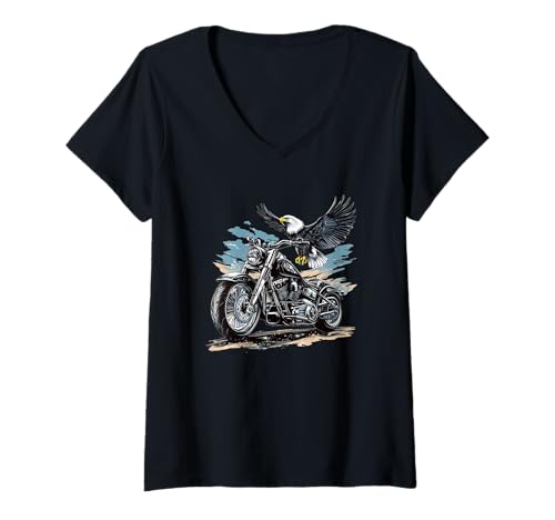 Damen Freedom Trip Kostüm mit schönem Adler und coolem Motorrad T-Shirt mit V-Ausschnitt von Motorbike Eagle Outfit