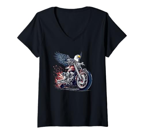 Damen Patriotische Farben mit coolem Adler für Motorrad-Liebhaber T-Shirt mit V-Ausschnitt von Motorbike Eagle Outfit