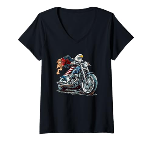 Damen Patriotisches Motorrad mit Adler für Mann und Frau T-Shirt mit V-Ausschnitt von Motorbike Eagle Outfit